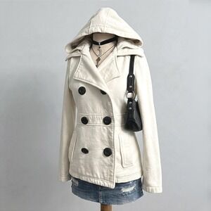 Hooded Pea Coat Jacket Cream White Small Winter Fall Twee